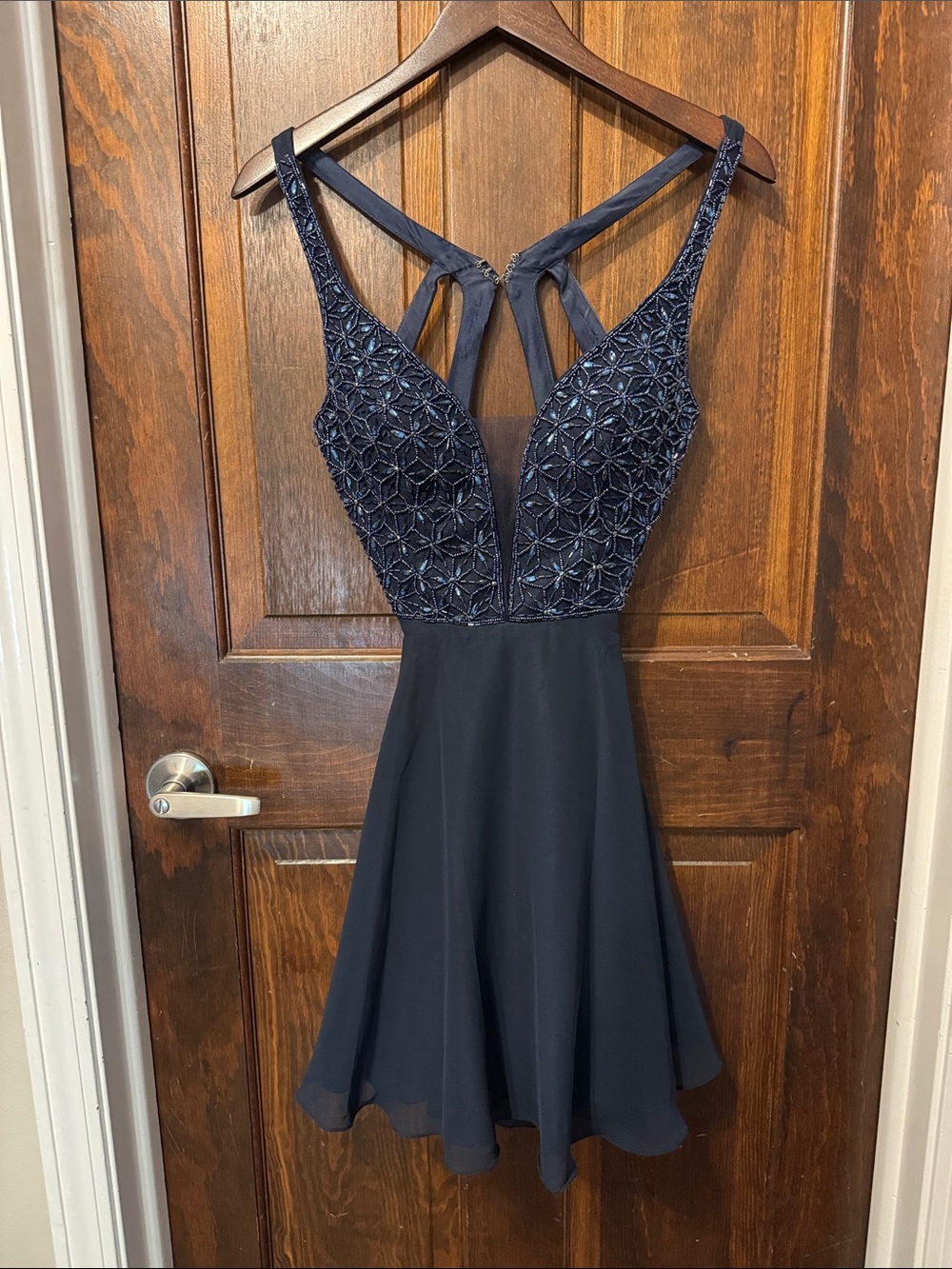 The Secret Dress Navy Beaded V-Neck Chiffon Mini Dress Size 2 - Picture 2 of 3